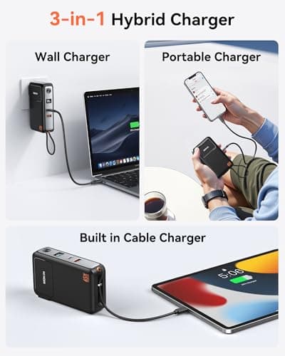 Portable Charger, 10000mAh Power Bank Built in Cable and Wall Plug 65W for Laptop, 3 in 1 Phone Battery Pack 35W Fast Charging, Travel Essentials USB-C Compatible with iPhone 17 16 15 Samsung MacBook 5