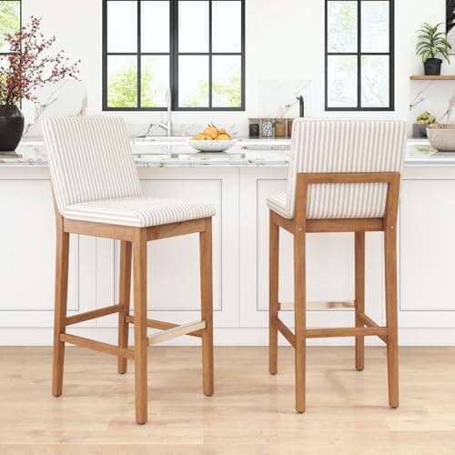 chairus 30" Modern Bar Stools Set of 2, Farmhouse Linen Upholstered Bar Height Stools with Back & Metal Footrest, Wooden Kitchen Island High Bar Chairs, Khaki Stripe