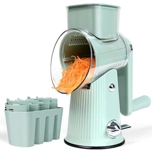 YHQPHZM Rotary Cheese Grater, 5-Set Replaceable Drum Blade Vegetable Slicer, Hand Crank Cheese Grater with Strong Suction Base, Walnut Potato Carrot Kitchen Grater (Green)
