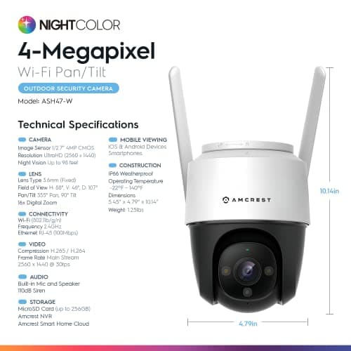 Amcrest 4MP Outdoor PT WiFi IP Camera Pan Zoom (Digital 16x) SmartHome WiFi Camera Security Speed Dome, Motorized Tilt, 98ft Nightcolor, (2.4Ghz), 107º FOV, IP66, 4MP, ASH47-W 8