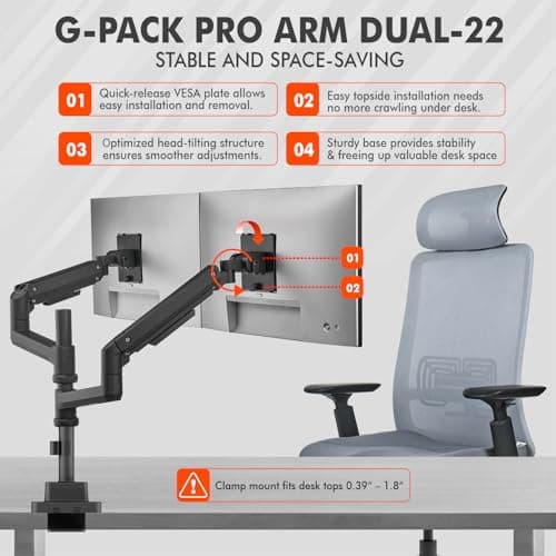G-PACK PRO Dual Monitor Arm for 17-49 Inch Ultrawide Screens – Heavy Duty Monitor Arm Desk Mount – VESA Mount with Clamp and Grommet Base – Holds Up to 44 lbs. Each 5