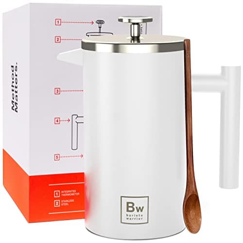 Barista Warrior French Press Coffee Maker Stainless Steel with Built-In Thermometer - Insulated Double Wall Design, Dual Filter System, Stay-Cool Handle & Wood Spoon - White