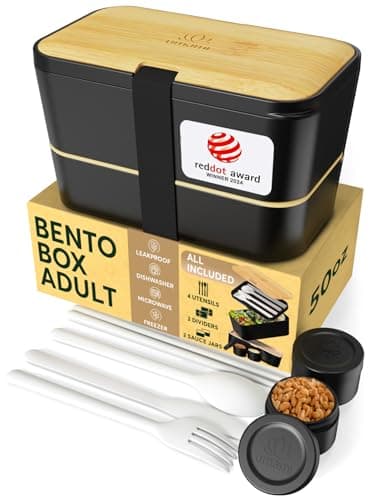 Umami Bento Box All-in-1 w/ 4 Utensils, 100% Leakproof, Dishwasher & Microwave Safe Lunch Containers for Adults w/ 4 Compartments, Black & Tan, 50 oz