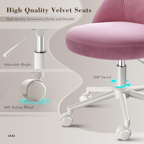 EnHomee Vanity Chair with Wheels, Comfy Office Chair with Back, Cute Desk Chair for Bedroom, Home Office, Makeup Room,Armless,Gentle Pink 6