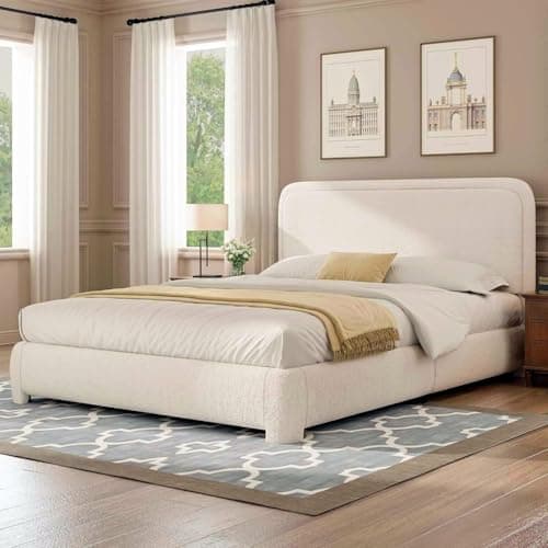 BarnFurin Queen Size Boucle Bed Frame with Headboard, Upholstered Platform Bed with Wood Slats, Soft Rounded Corners, No Box Spring Required, Easy Assembly, Cream