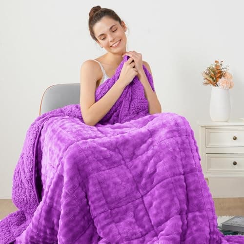 Lessymo Weighted Blanket 15lbs for Adults, Bubble Faux Fur Sherpa Fleece Weighted Blankets for Sleep and Calming, Warm Fuzzy Plush Heavy Blanket for Queen Size Bed, Washable, 60"x80", Purple