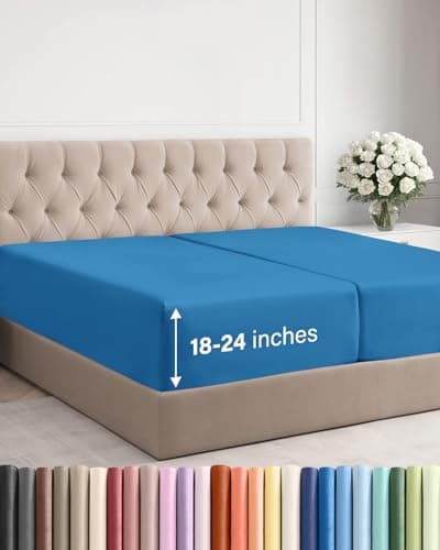 Extra Deep Split King Fitted Sheet - Hotel Luxury Single Fitted Sheet Only - Easily Fits 18 inch to 24 inch Mattress - Ultra Soft, Wrinkle Free w/Extra Deep Pockets - Breathable & Comfy - Denim Blue