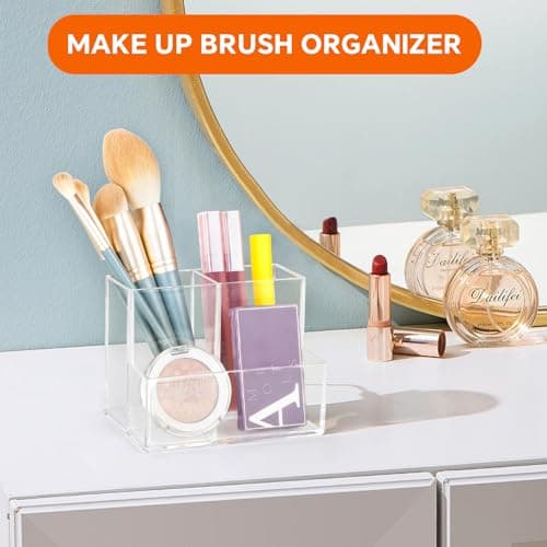 Banafich Pen Holder for Desk, Clear Acrylic Pencil Holder for Desk, Marker Holder with 3 Compartments, Pencil Organizer for Home, Office, Classroom, Bathroom 6