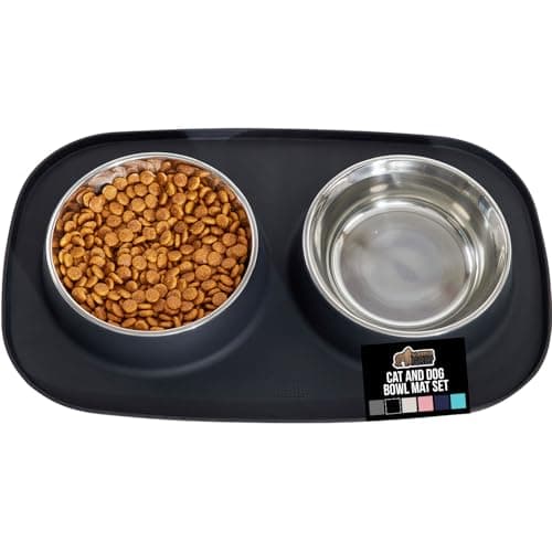 GORILLA GRIP Feeding Mat Set, Patent Pending 100% Waterproof BPA Free Silicone, Stainless Steel Cat and Dog Bowls, Slip Resistant, 1 Black mat/tray with 2 stainless steel bowls