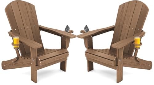SERWALL Adirondack Chair with Cup Holders - Composite Adirondack Chairs Set of 2 HDPE Outdoor Chairs All Weather Use- Brown