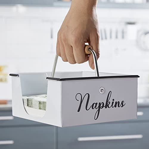 Napkin Holder for Table, Bivvclaz Rustic Metal Napkin Holders for Paper Napkins, Napkin Holders for Kitchen with Wood Accent, Flat Napkin Dispenser for Indoor & Outdoor Use, White 5