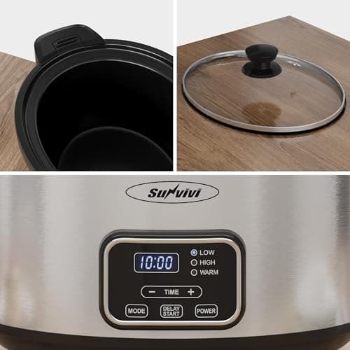 Sunvivi 4qt Slow Cooker, Programmable Slow Cooker with Locking Lid, Removable Ceramic Pot, 3 Heating Settings & Time Control, Mini Food Warmer with Dishwasher-safe Lid & Pot, Silver 5