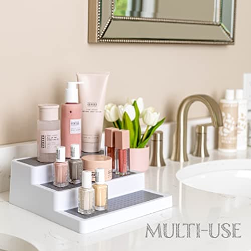 Oizeir 3–Tier Expandable Plastic Spice Rack - Adjustable Length, Stability with Non-Skid Shelf, Three Tiers for Easy Visibility, Organizer for Kitchen Cabinet, Pantry or Countertop, White/Grey 3