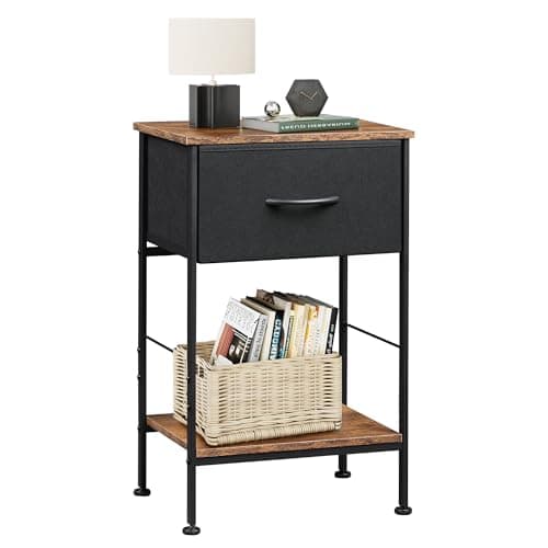 WLIVE Nightstand, End Table with Fabric Storage Drawer and Open Wood Shelf, Bedside Furniture with Steel Frame, Side Table for Bedroom, Dorm, Easy Assembly, Black and Rustic Brown, 25.0" Height