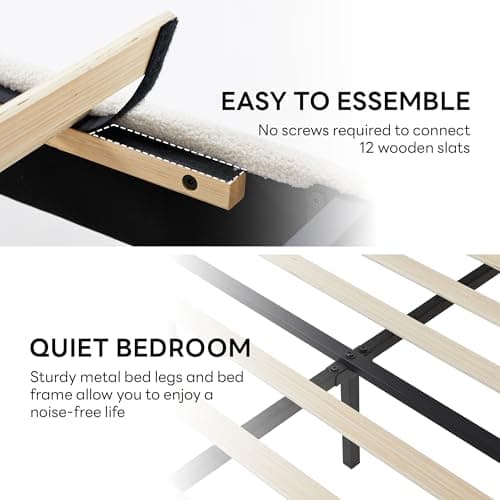 LIKIMIO Queen Bed Frame with Headboard, Upholstered Boucle Platform Bed with USB Ports, Base Camas Queen No Box Spring Needed, Cream White 7