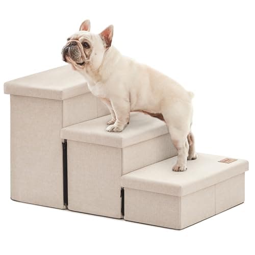 Love's cabin Dog Stairs for High Bed 18" H, Foldable Pet Stairs for Small Medium or Large Dogs Puppy with Storage for Bed or Couch, Cat Dog Steps Ramp with Zip up to 200 lbs, Beige, 3 Steps