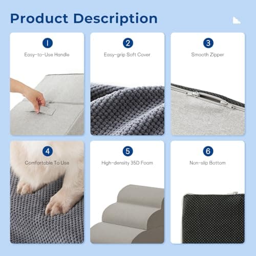 ZOMISIA Pet Stairs for Small Dogs 15.7" H - Dog Stairs for Couch and Bed, 35D Foam Dog Steps Ramp with Non-Slip Bottom Grey, 3 Steps 7