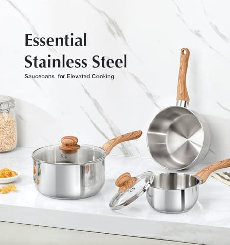 KOCH SYSTEME CS Stainless Steel Saucepan Set, 6 Piece Stainless Steel Pot 1QT & 2QT & 3QT with Heat-resistant Bakelite Handle, Tri-ply Base Pots, Sauce Pan Induction Ready, Pot Set 6PCS 8