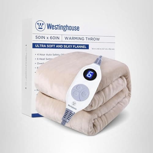 Westinghouse Heated Blanket Throw, Electric With 6 Heating Levels, 2-10 Hours Time Settings, Overheat Protection, Machine Washable, Flannel (50x60 Inches, Beige) 7