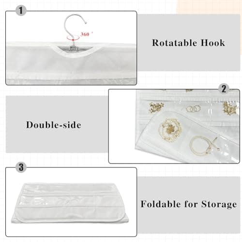 DonYeco 1 Pack Hanging Jewelry Organizer 80-Pocket Dual-sided Jewelry Storage for Earring Necklace Bracelet Ring Travel Holder, White 5