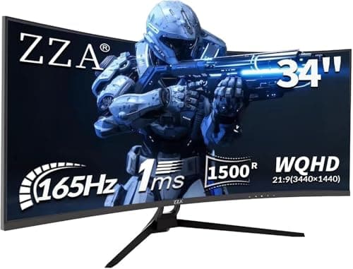 ZZA 34" Ultrawide Curved Gaming Monitor, 1500R PC Screen 165hz WQHD 3440x1440, Curved Computer Monitors with FreeSync,HDR10, 1ms,Eye Care, Borderless Design,Support Wallmount 75x75mm