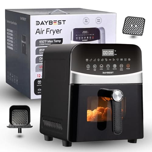 Ceramic Air Fryer Black Stainless Steel, DAYBEST 1700W Non Toxic Air Fryer Visible 6L with Top Bottom Heaters Less Flipping Auto Shut-off with Ceramic Coat Basket and Grill Pan (6L, Black)