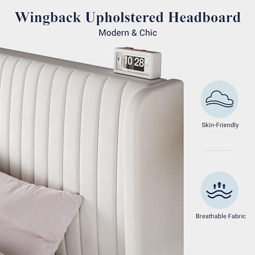 Allewie Queen Size Velvet Bed Frame/Vertical Channel Tufted Wingback Headboard/Upholstered Platform Bed/Strong Wooden Slats/No Box Spring Needed/Easy Assembly/White 5