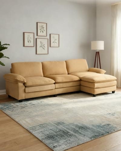 Karl home Sectional Sofa Modular Deep Seat Sofa Couch with Ottoman, Corduroy Sofa Sleeper Comfy Upholstered Furniture for Living Room, Apartment, Studio, Office, (3-Seat & 1-Ottoman, Khaki)