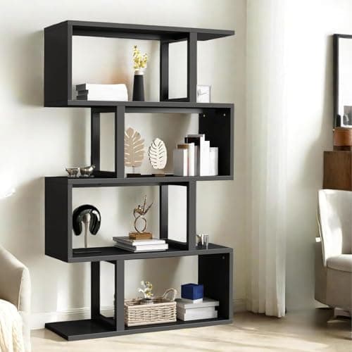YITAHOME Geometric Bookshelf, 5-Tier Bookshelf S-Shaped Bookshelves, Modern Geometric Bookcase Freestanding Multifunctional Storage Shelving for Living Room Home Office, Black