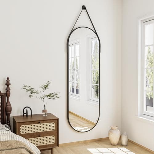 ZMYCZ Full Length Mirror, Oval Wall Mounted Mirror, 48"x16" Door Mirrors Full Length with Hanging Leather Strap with Aluminum Frame for Bathroom Living Room Entryway (Black) 2