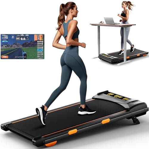 12% Incline Treadmill with Desk Workstation, 8.0MPH/3.5HP Portable Treadmill with Handle, 300LBS Weight Capacity Compact Walking Pads for Home, Small Spaces, Console (Black Orange) (Black Yellow)