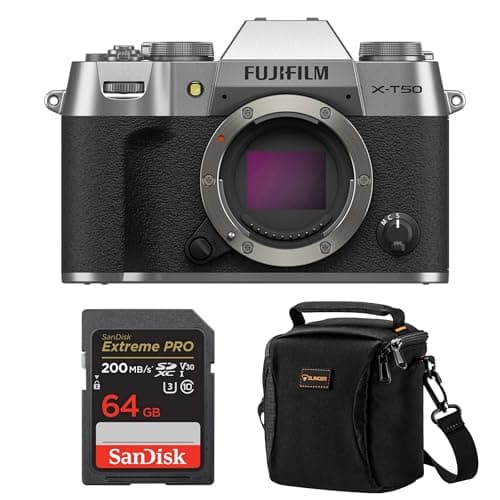 Fujifilm X-T50 Mirrorless Digital Camera, Bundle with 64GB SDXC Memory Card and Shoulder Bag (Sliver)