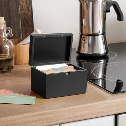 DRASTAR Index Card Holder 3x5, Wooden Index Card Organizer Box with 45 Index Card Dividers, Flashcard Notecard Holders for Home Office, Black 6