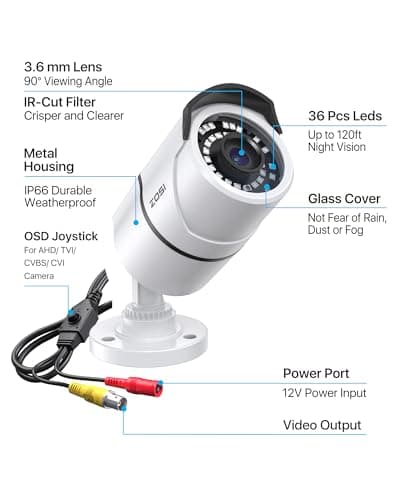 ZOSI 2MP 1080p Security Camera,4-in-1 TVI/CVI/AHD/CVBS Surveillance Bullet Camera Indoor Outdoor,Night Vision,Work for 960H,720P,1080P analog CCTV DVR 8