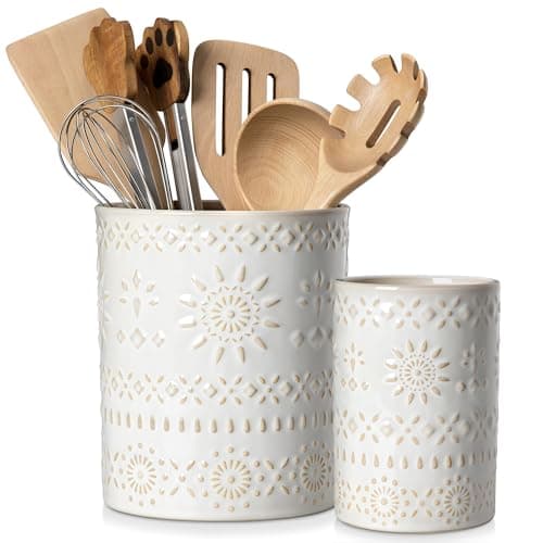 LOVECASA Utensil Holder, 7.2"+5.4" Ceramic Utensil Holder for Countertop, Large Cooking Utensil Crocks for Kitchen Counter, Farmhouse Utensil Vase for Housewarming, Kitchen Decor, Set of 2, Oasis