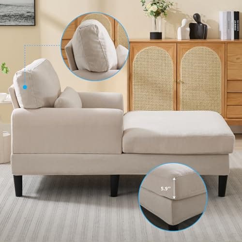 Mjkone 61" Velvet Chaise Lounge Indoor, Comfy Sleeper Chair with Cushion, Modern Lounge Chair with Solid Legs, Stylish Upholstered Leisure Sofa Recliner for Living Room Apartment Bedroom - Beige 5