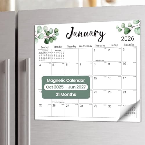 Aesthetic 2025-2026 Magnetic Calendar for Refrigerator, 21-Month Fridge Calendar Magnet from October 2025 to June 2027, Greenery Design for Easy Organizing