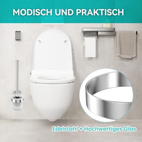 Dailyart Toilet Bowl Brush Holder Set: Deep Cleaning Toilet Brush - Bathroom Accessories Stainless Steel & Glass Toilet Cleaner Brush - No Drilling Wall Mounting Toilet Cleaner Brush with 2 Brushes 2