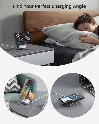 Foldable 3 in 1 Charging Station, Qi2-Certified 15W Magnetic Wireless Charger Stand, KU XIU X40Q Aluminum Alloy Travel Charger for iPhone 17/16/15/14, 5W for Apple Watch, AirPods, 45W PD Adapter, Gray 5