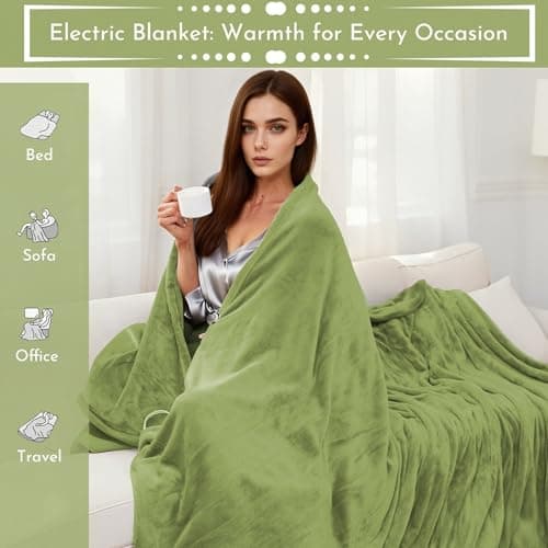 ONDAN Electric Heated Blanket 84"x90" Queen Size Flannel Heated Blanket, Cozy & Warm for All Night, 4 Heat Settings & 10 Hours Auto Off, Machine Washable, Green 7