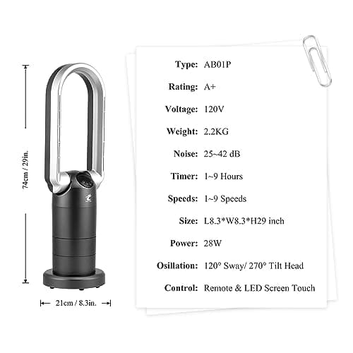 Ocean Loong Bladeless Tower Fan with Air Purifier - Oscillation & Tilt Head - Quiet Cooling Fan for Bedroom Home Office 9 Speeds 9Hours Timer and Remote Control (Black, 29”) 7