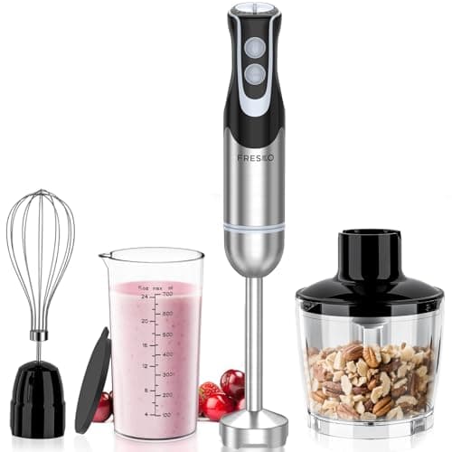 FRESKO Immersion Blender Handheld, 4-in-1 Stainless Steel Hand Electric Stick Mixer with 12-Speeds & Turbo Mode, Powerful 500W Emulsion Blender with Beaker, Chopper & Whisk