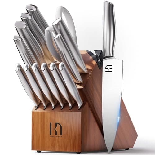 KnifeSaga Kitchen Knife Set 14 Piece Premium Japanese High Carbon Stainless Steel Knife Block Sets with Built-in Sharpener, Razor Sharp Knives Set for Kitchen, Quality Acacia Wood Block Knife Set