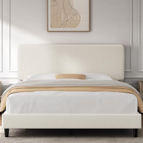 Yaheetech Full Size Bed Frame with Adjustable Headboard, Chenille Fabric Upholstered Headboard/Platform Bed, Full Bed Frame No Box Spring Needed/Wood Slats Support/Easy Assembly/Beige