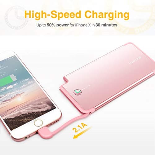 Luxtude Portable Charger iPhone Built in Lightning Cable (MFi Apple Certified), Ultra Slim Portable Phone Charger Thin Battery Pack, 5000mAh Power Bank for iPhone 14/13/12/11/10 etc. (Metal Pink) 5