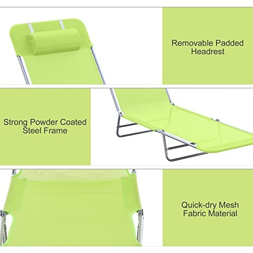 Outsunny Folding Chaise Lounge Pool Chairs, Outdoor Sun Tanning Chairs with Pillow, Reclining Back, Steel Frame & Breathable Mesh for Beach, Yard, Patio, Green 5