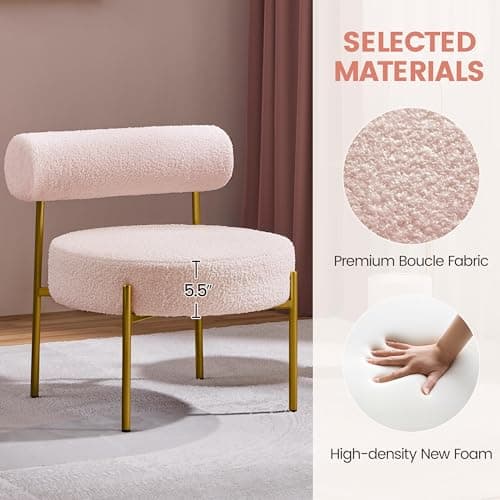 Yaheetech Boucle Vanity Chair, Modern Tufted Accent Chair, Cozy Sherpa Barrel Chair with Gold Legs, Club Chair for Living Room Bedroom Makeup Room Home Office, Pink 6