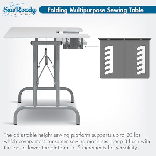 Sew Ready Folding Multipurpose Sewing Table - 47.5" W x 28" D Foldable White Hobby and Sewing Machine Table with Adjustable Shelf - Can Also Be Used as Computer Desk 5