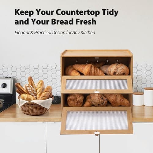 Rose and burlap Bamboo Bread Box 2 Tiered for Kitchen Counter-Large Capacity Wood Bread Basket Storage Container Bread Box with Window Bread Holder with Shelf Vitamin Bottle Storage 8