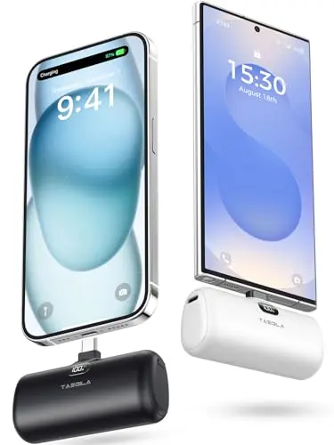 Taegila 2 Pack Portable Phone Charger for iPhone 15/16/17 Series, 5000mAh USB-C Power Bank with Built-in Cable & LCD Display, Mini Battery Pack, Fast Charging for Samsung, Google Pixel, and More